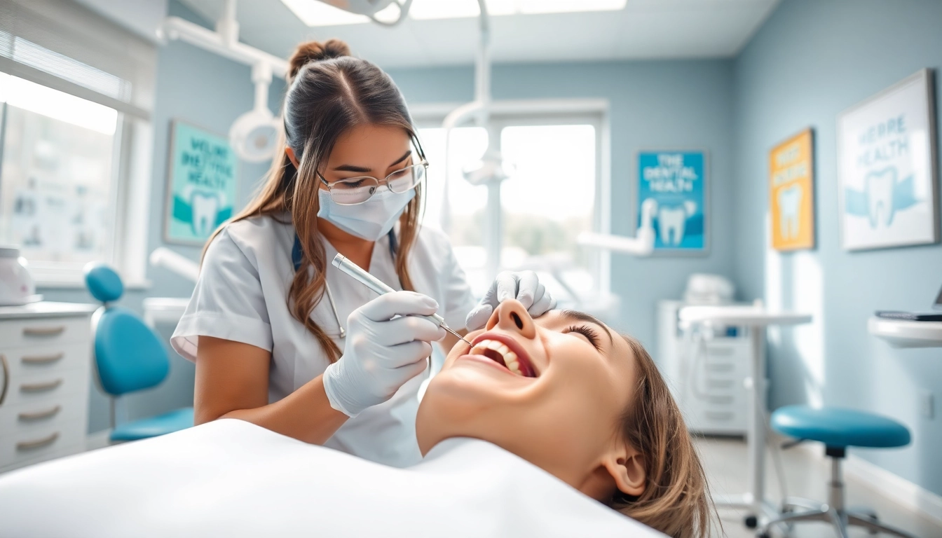 Dental cleanings procedure being performed by a hygienist in a modern dental office.