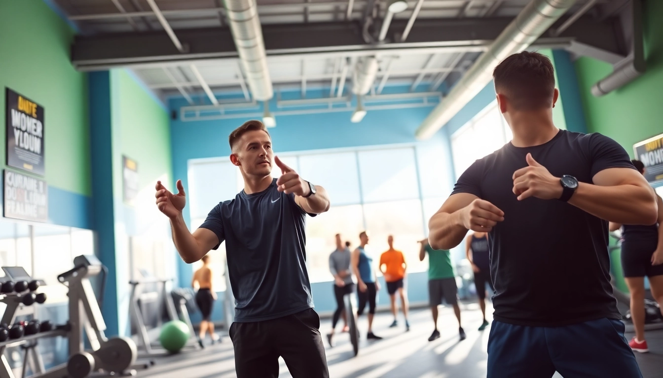Engage with a personal trainer in a bright gym atmosphere, focused on professional guidance in fitness.