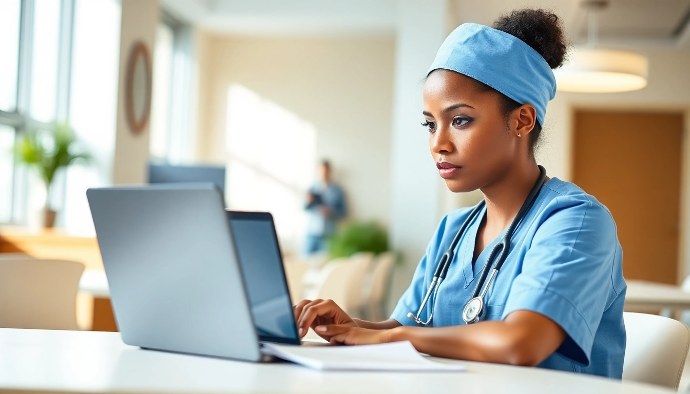 Nurse engaging in continuing education rn ceus online in a bright learning environment.