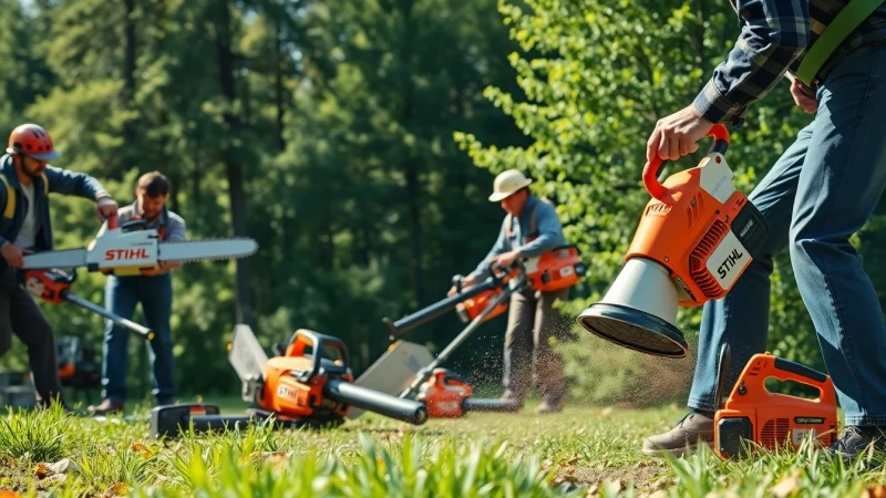 Stihl Werkzeuge im Einsatz, professionelle Gartengeräte bei der Arbeit.