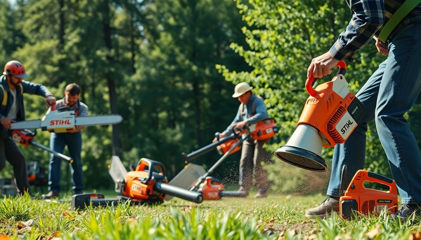 Stihl Werkzeuge im Einsatz, professionelle Gartengeräte bei der Arbeit.