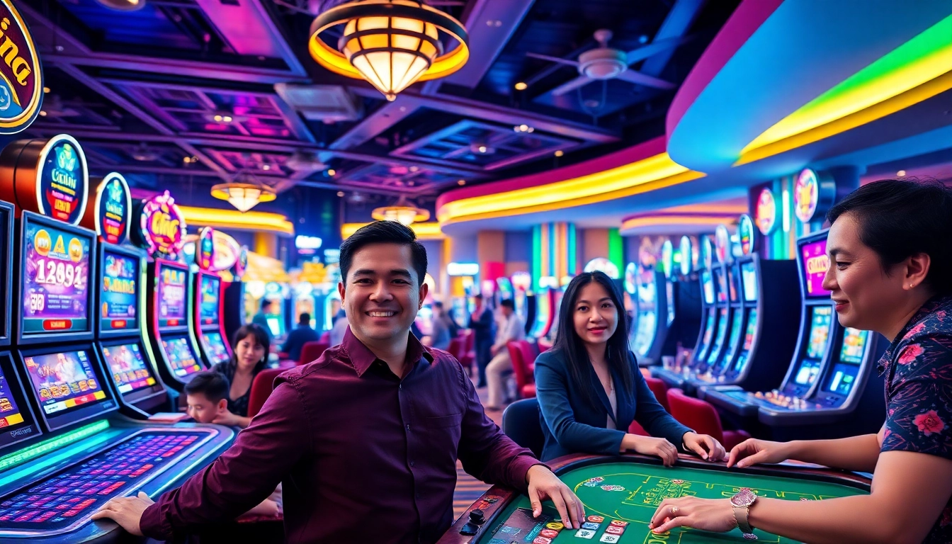 Players winning at the Best Online Casino Philippines 2025 in a vibrant, luxurious environment.