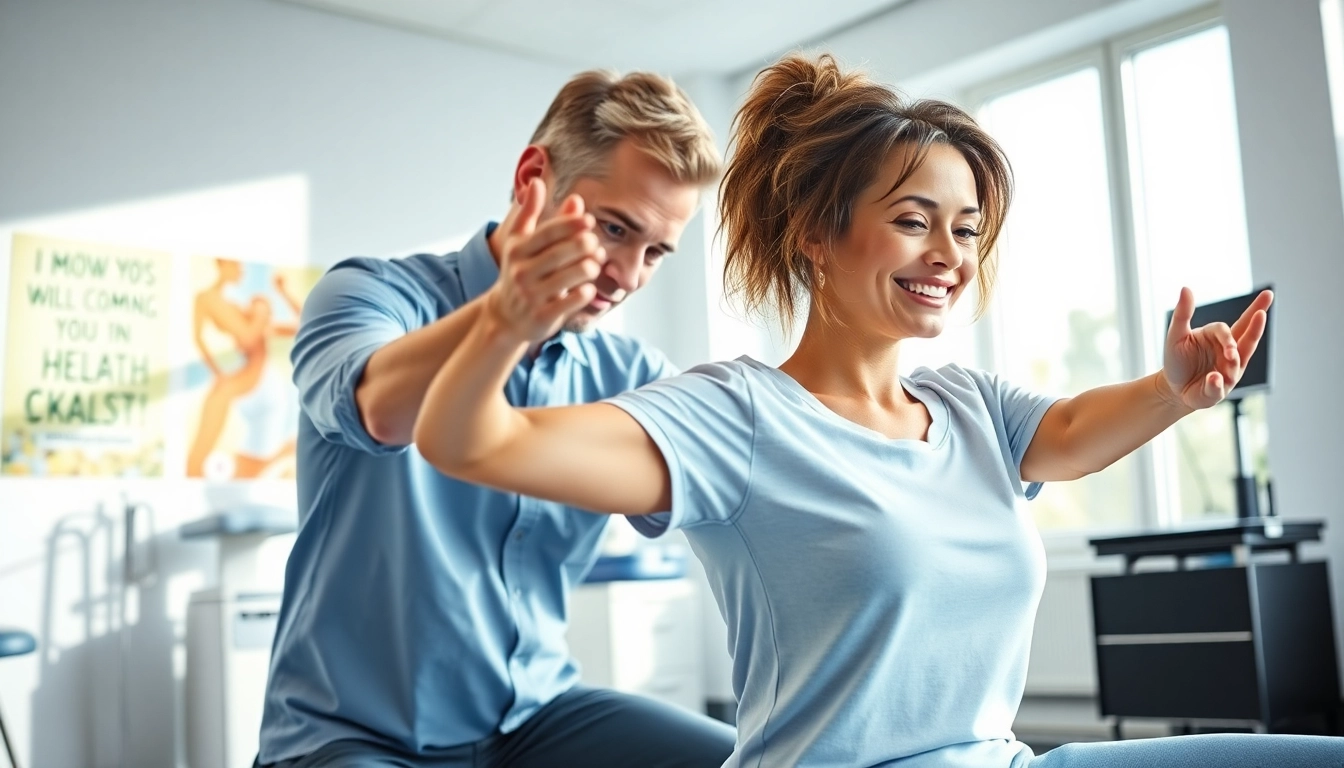 Therapist guiding a patient through exercises to alleviate Rückenschmerzen in a bright clinic.