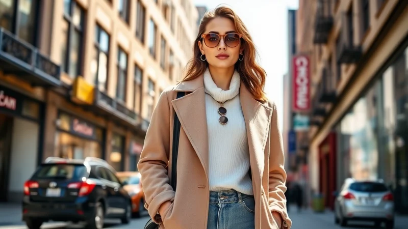 Showcasing elevated everyday wear, a woman styles her outfit elegantly in an urban environment.