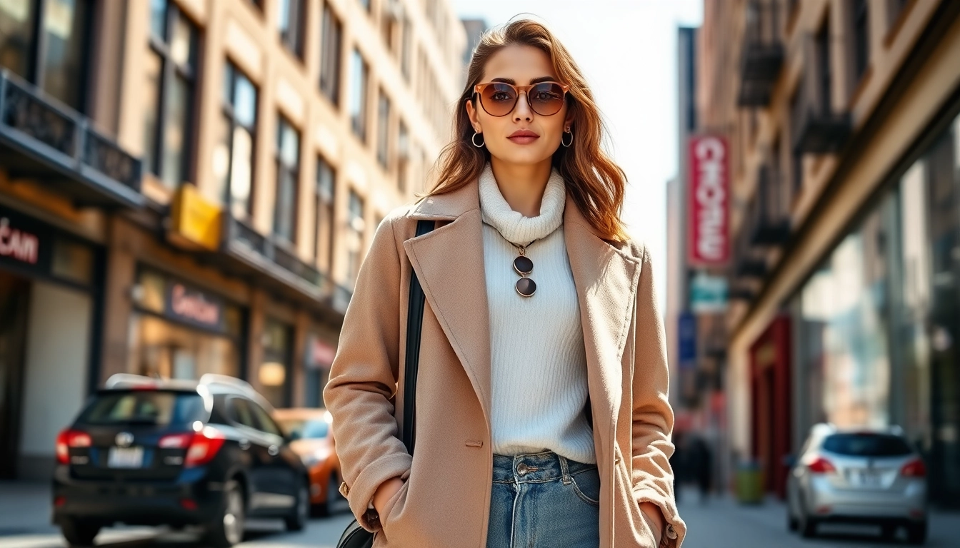 Showcasing elevated everyday wear, a woman styles her outfit elegantly in an urban environment.