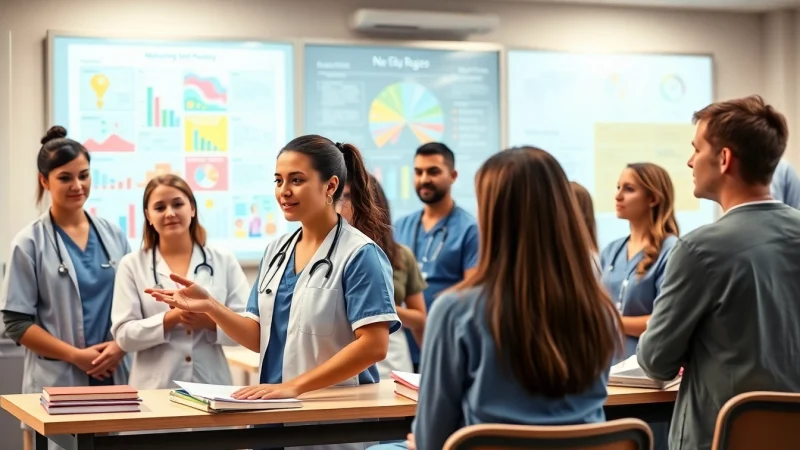 Educación en enfermería: Profesores interactivos motivando a estudiantes en un aula moderna.