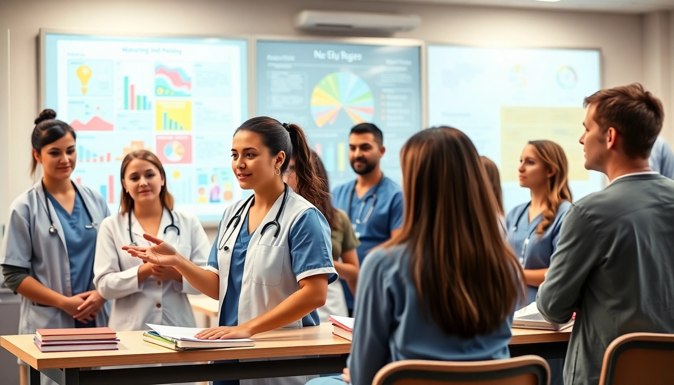 Educación en enfermería: Profesores interactivos motivando a estudiantes en un aula moderna.