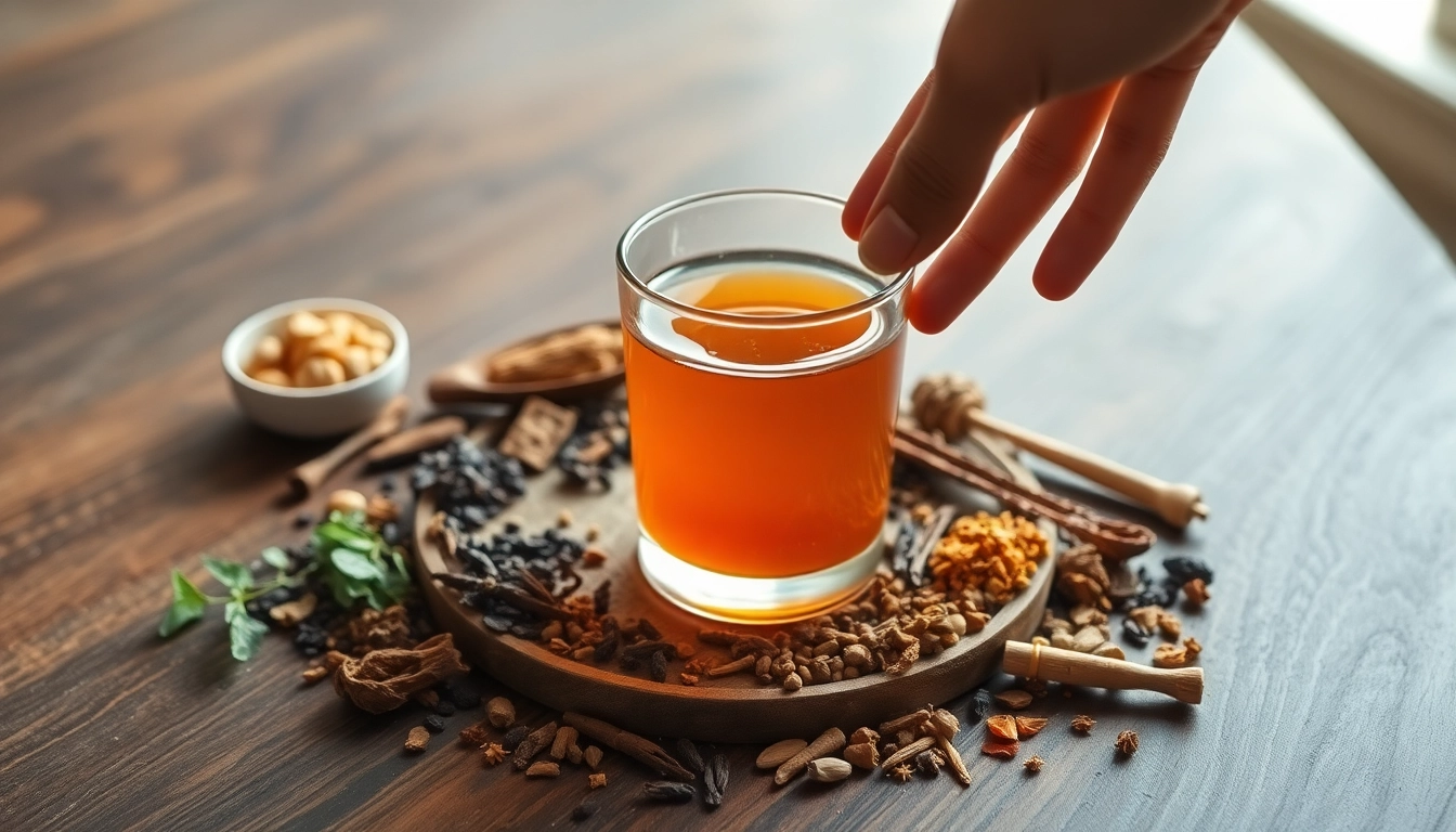 Mahamanjisthadi Kadha benefits for skin by showcasing the herbal decoction surrounded by key herbs, enhancing its natural appeal.