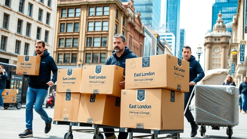 Skilled professionals performing East London Removals and Storage services, showcasing boxes in an urban setting.