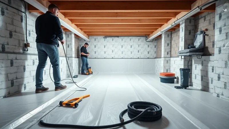 Expert team performing basement waterproofing solutions in a modern residential basement.