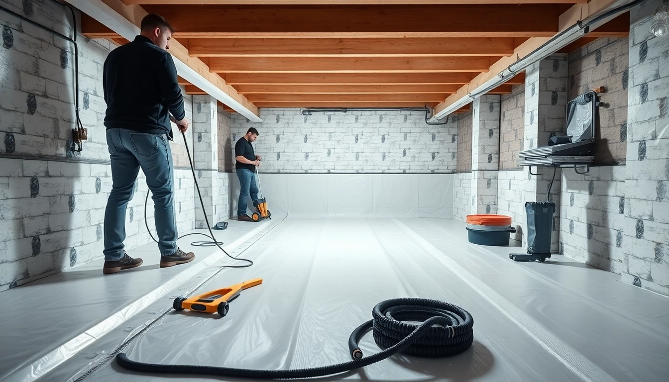Expert team performing basement waterproofing solutions in a modern residential basement.