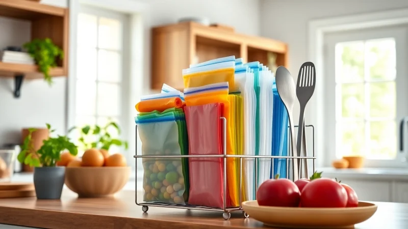 Organized Ziplock Bag Organizer in a stylish kitchen setting for efficient storage.