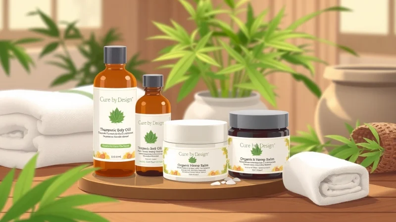 Cure By Design therapeutic products arranged in a tranquil spa setting, promoting natural healing and wellness.