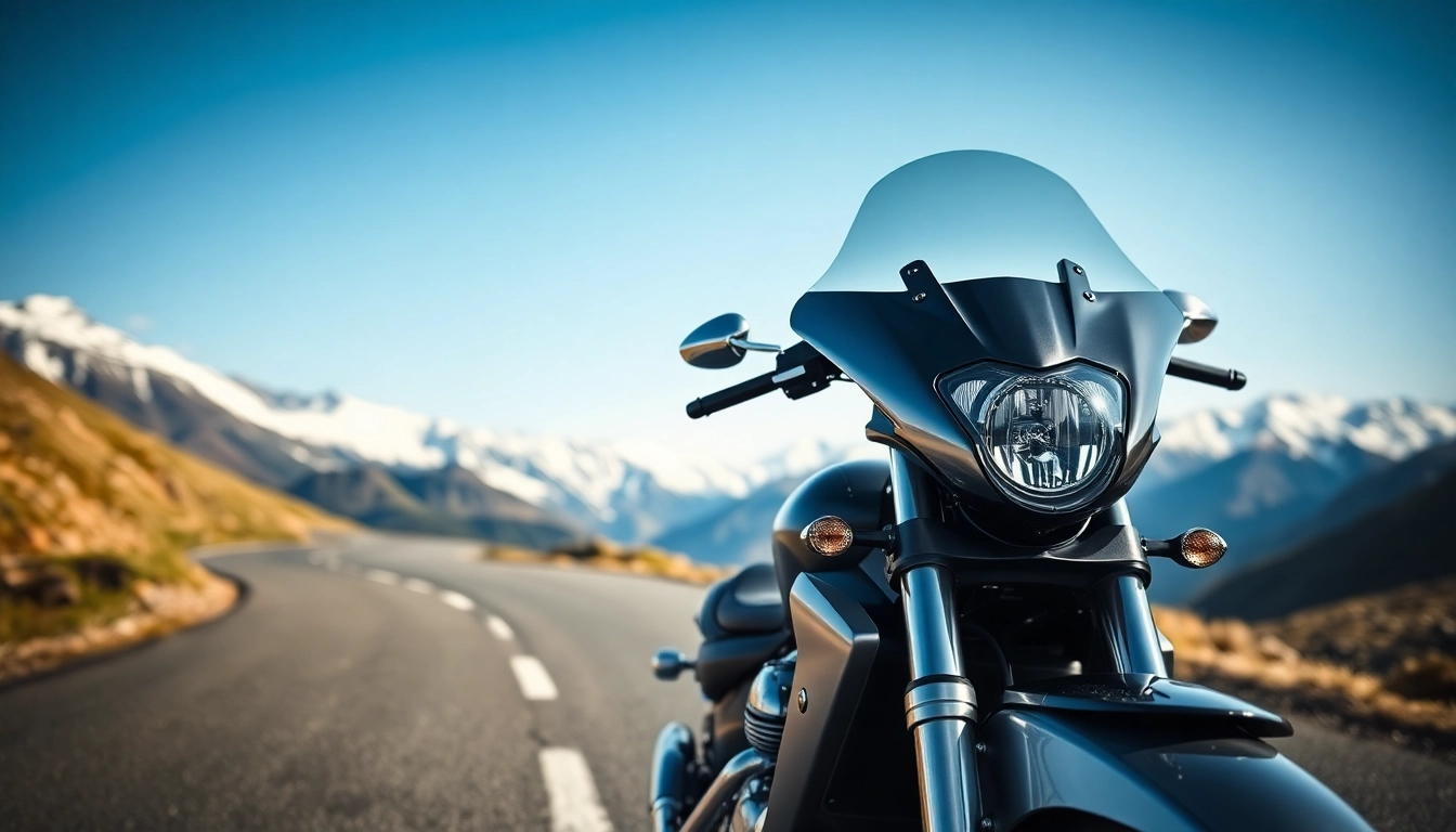 Showcasing motorcycle windshields on a stylish bike against a scenic mountain backdrop