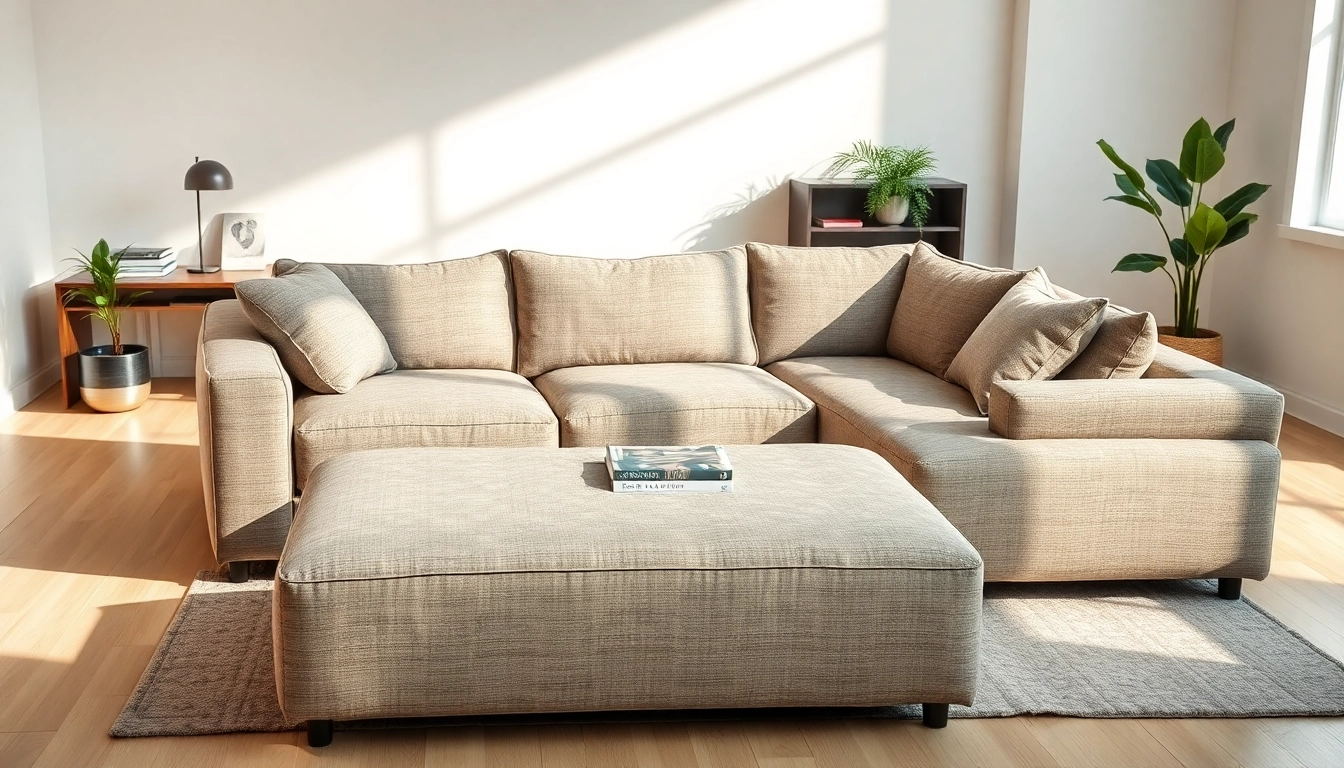 Elegantes ecksofa mit schlaffunktion in einem stilvollen Wohnzimmer mit natürlichem Licht.