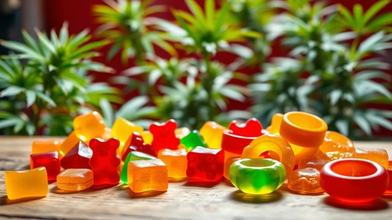 Order THC gummies online with a delicious assortment of colorful flavors in a natural setting.