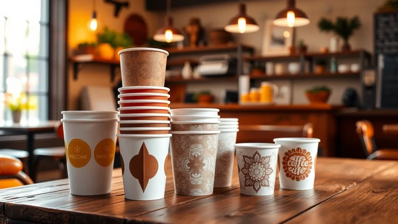 Showcasing vibrant paper coffee cups arranged artistically on a rustic table.