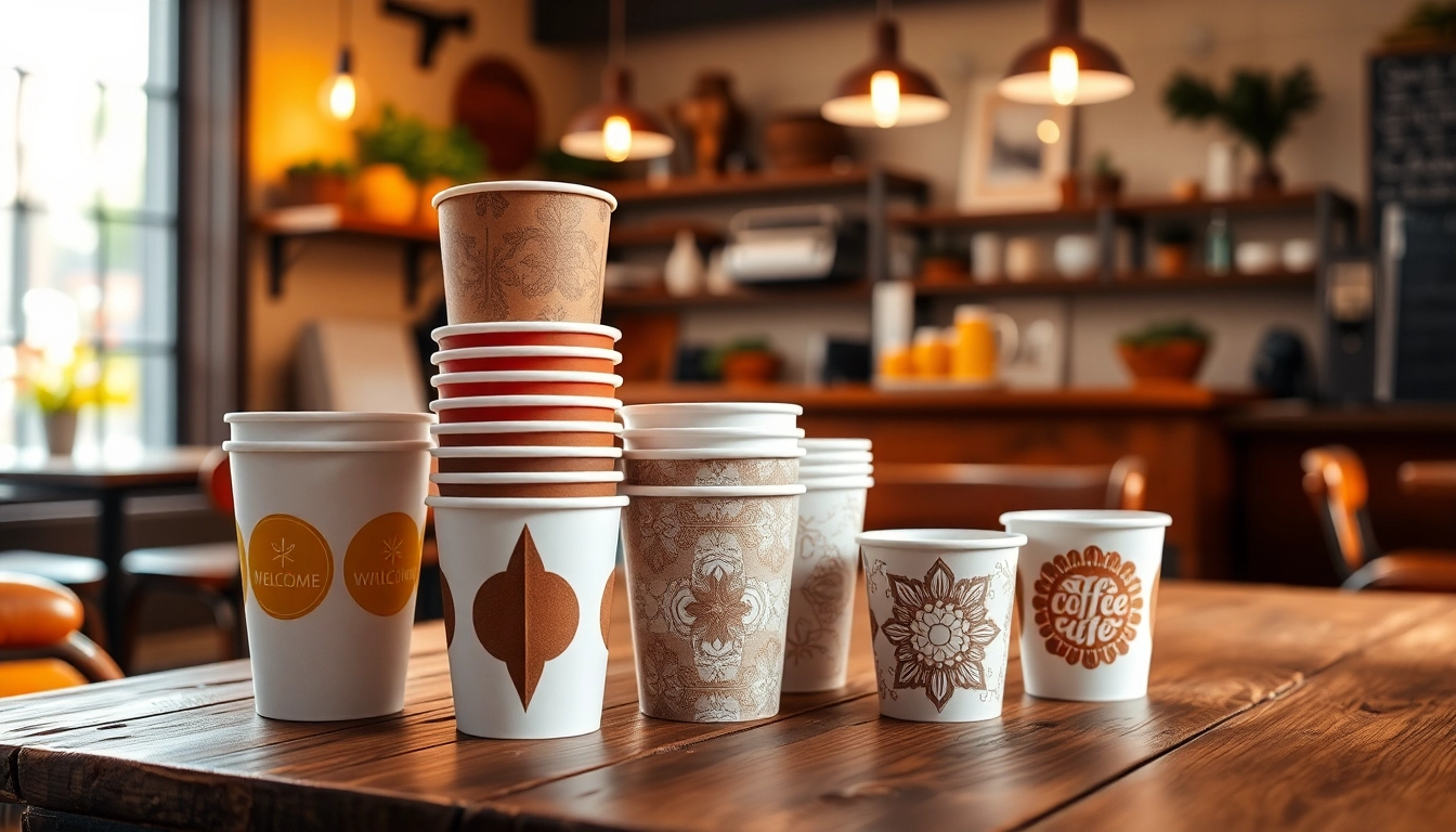 Showcasing vibrant paper coffee cups arranged artistically on a rustic table.