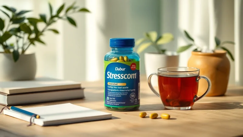 Dabur Stresscom capsule uses in hindi promoting relaxation and tranquility in a serene workspace.