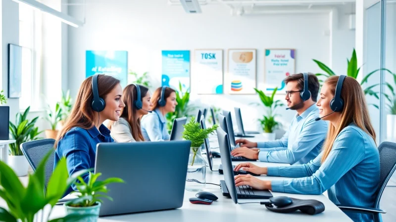 Callzent call center agents collaborating effectively in a vibrant and productive workspace.