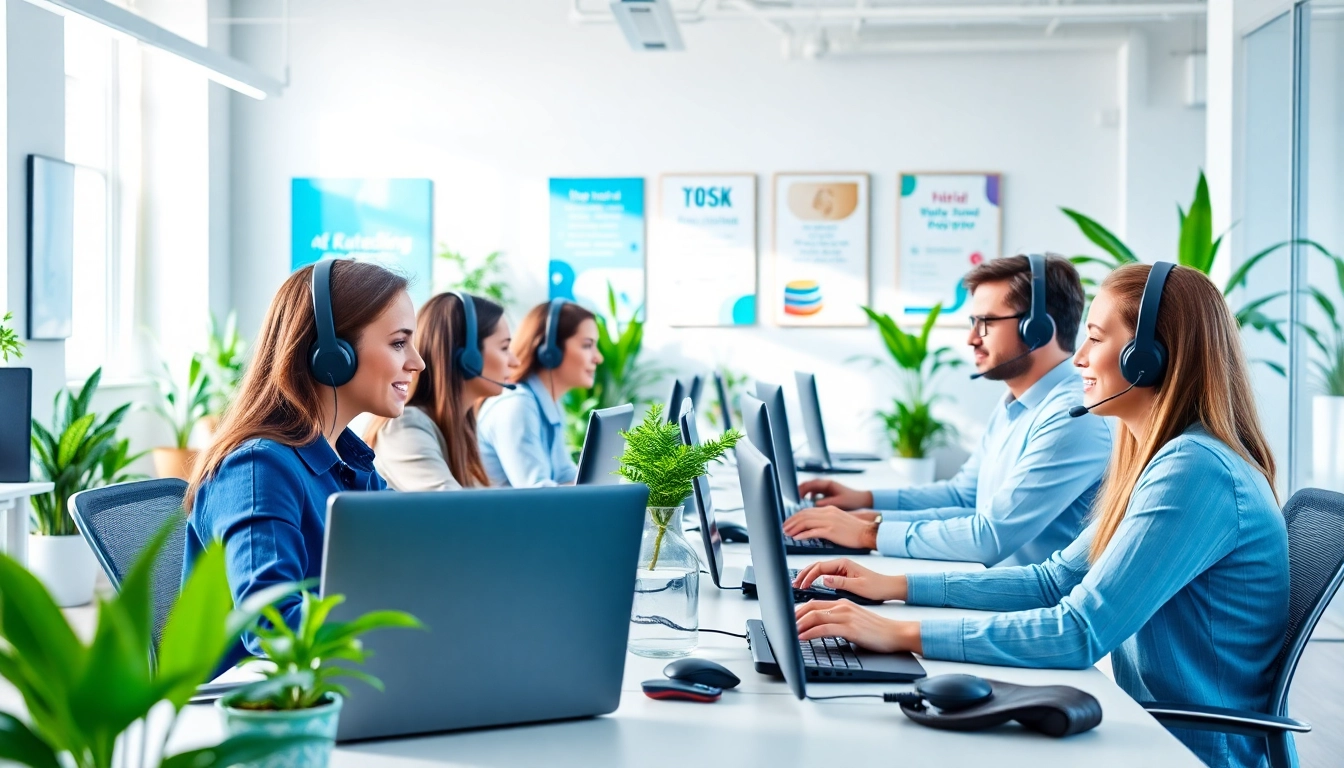 Callzent call center agents collaborating effectively in a vibrant and productive workspace.