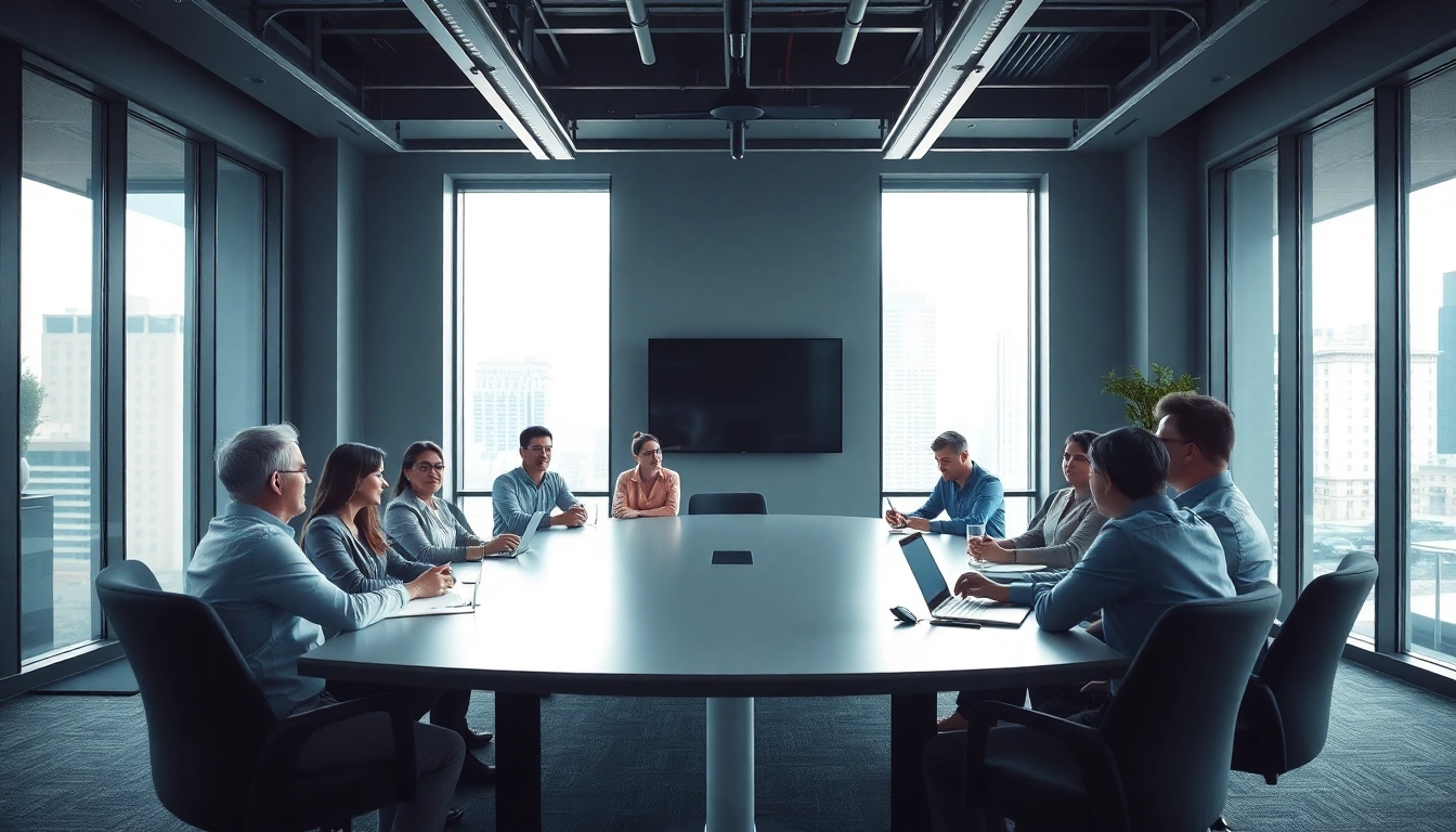 Engaged professionals discussing strategies at Claymore Partners in a modern office.