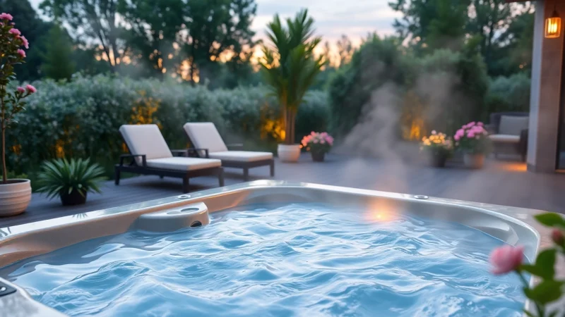 Relaxing hot tub surrounded by lush greenery and comfortable lounge chairs