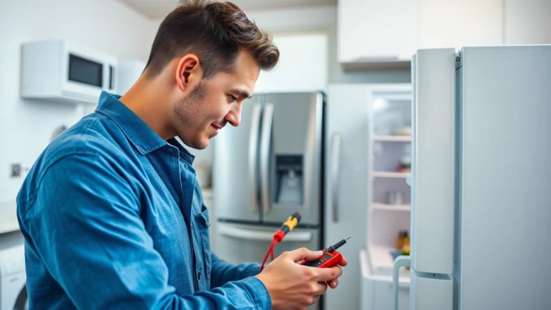 Appliance repair halifax technician fixing a refrigerator in a modern kitchen setting.