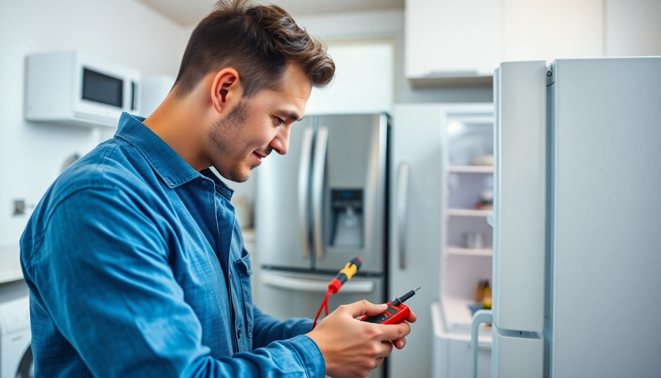 Appliance repair halifax technician fixing a refrigerator in a modern kitchen setting.