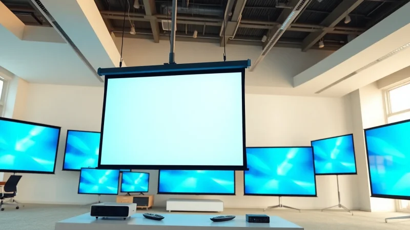 Showcasing a diverse range of projection screens by a leading Projection Screen Supplier in a modern office environment.