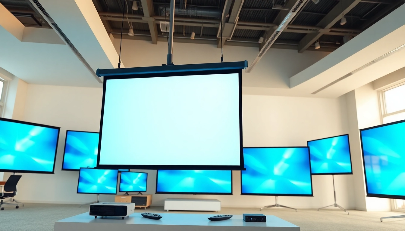 Showcasing a diverse range of projection screens by a leading Projection Screen Supplier in a modern office environment.