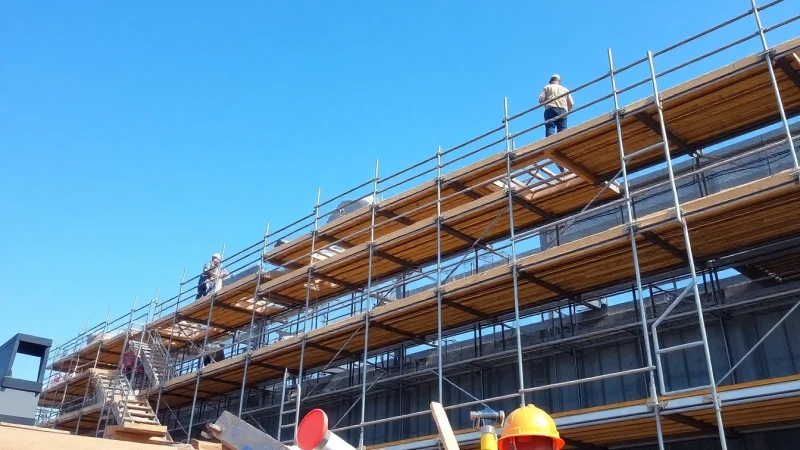 Workers utilizing Whangarei scaffolding in a busy construction environment with quality assurance.