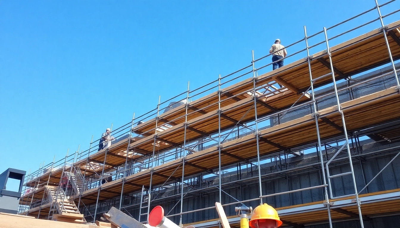 Workers utilizing Whangarei scaffolding in a busy construction environment with quality assurance.