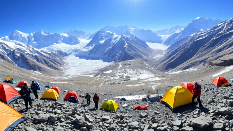Trekkers challenging the Everest Base Camp Trek against a stunning mountain backdrop.