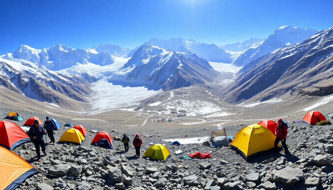 Trekkers challenging the Everest Base Camp Trek against a stunning mountain backdrop.