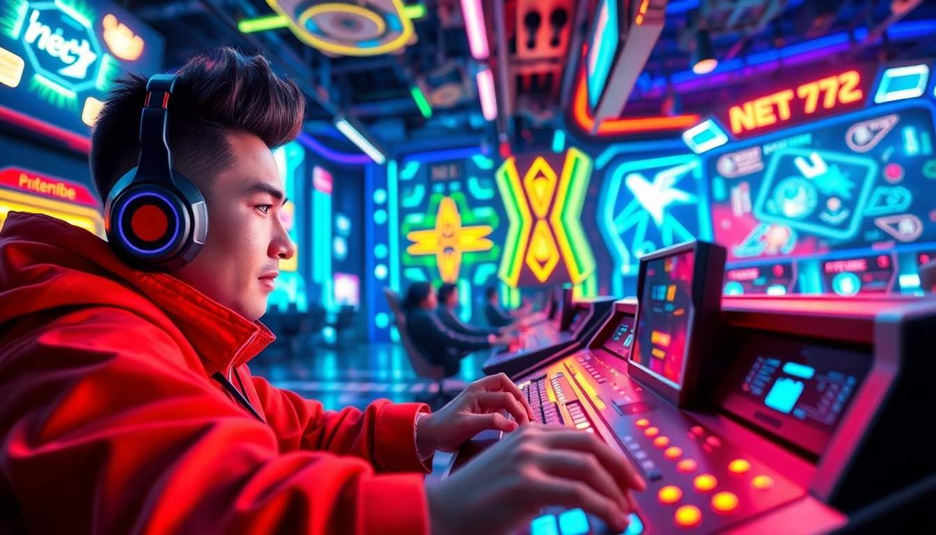 Menampilkan karakter yang penuh semangat saat memainkan net77 game dengan konsol canggih di arena bermain digital.