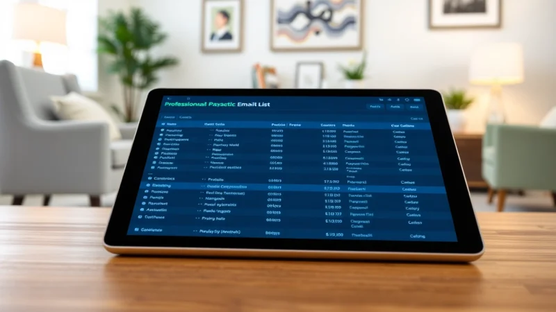 Organized psychiatrist email list showcased on a tablet in a calming office environment.
