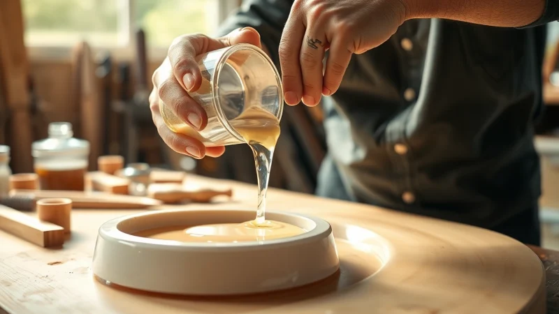 Pouring laminating resin into a mold, showcasing its application in fiberglass crafting.