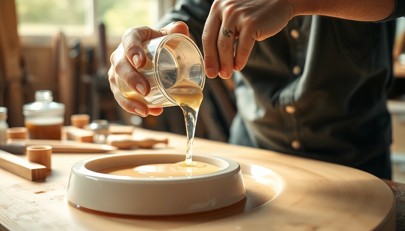 Pouring laminating resin into a mold, showcasing its application in fiberglass crafting.