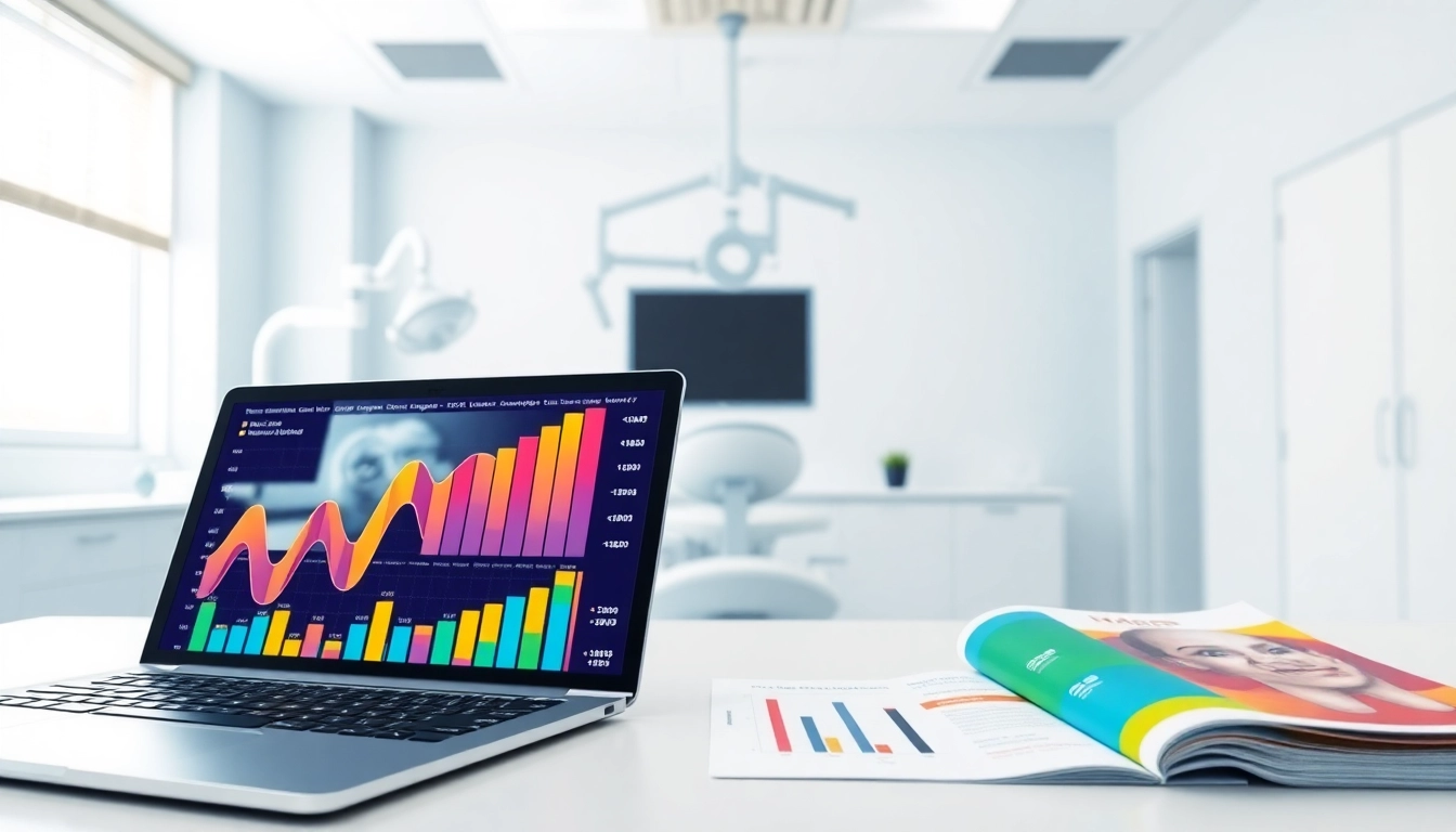 Analyze orthodontist email list data trends with vibrant charts and graphs in a modern office.