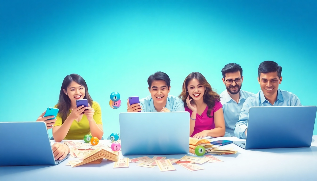 Engaging scene to buy 4D online with happy participants using devices and colorful lottery tickets.