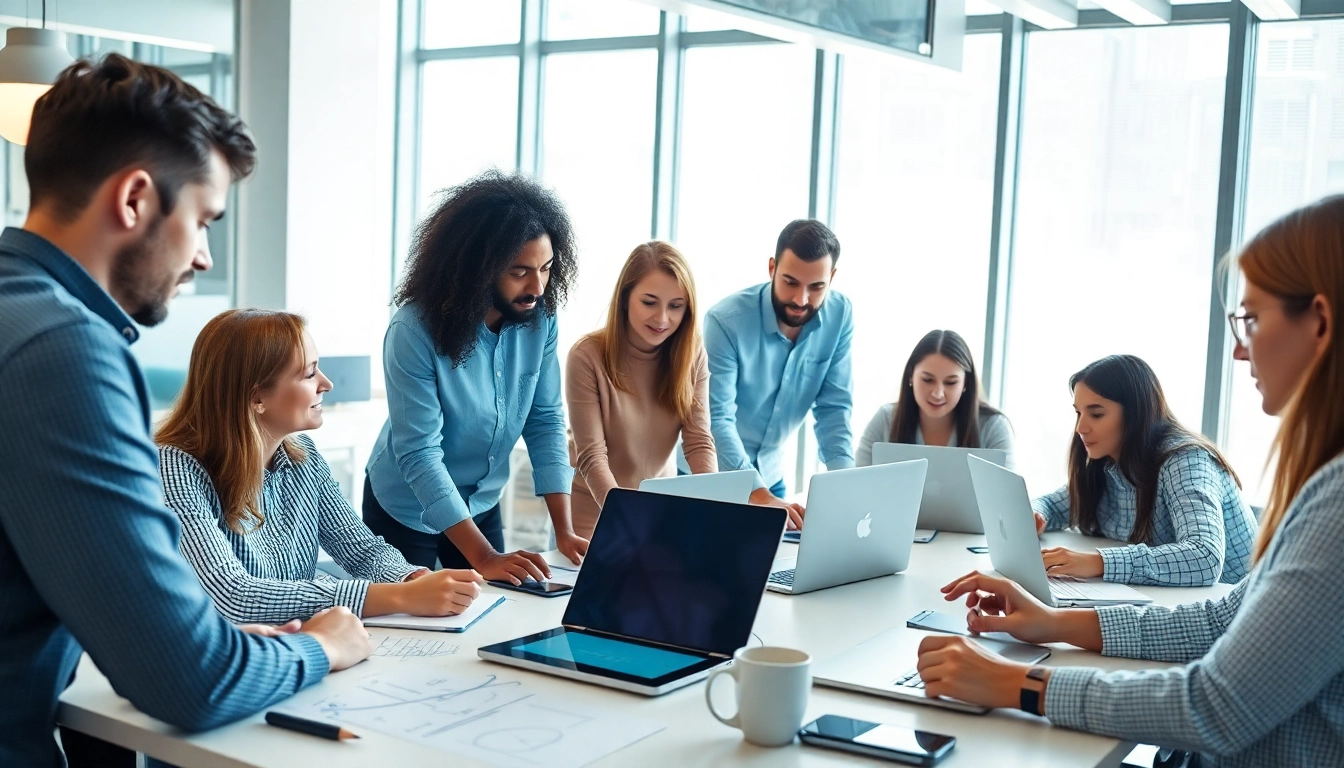 Creazione sito web agenzia team lavora insieme in un ufficio moderno e luminoso.