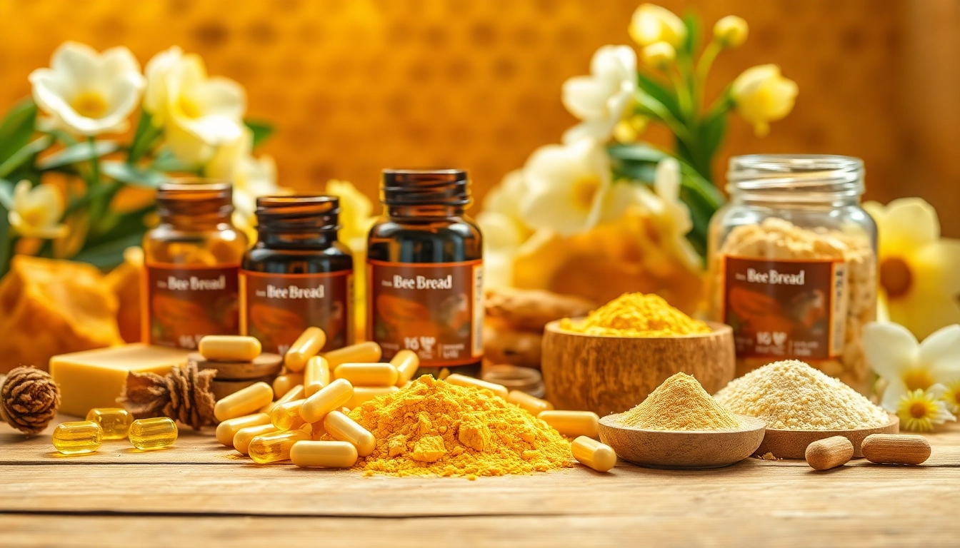 Bee bread supplements displayed attractively alongside natural ingredients for a health-focused appeal.