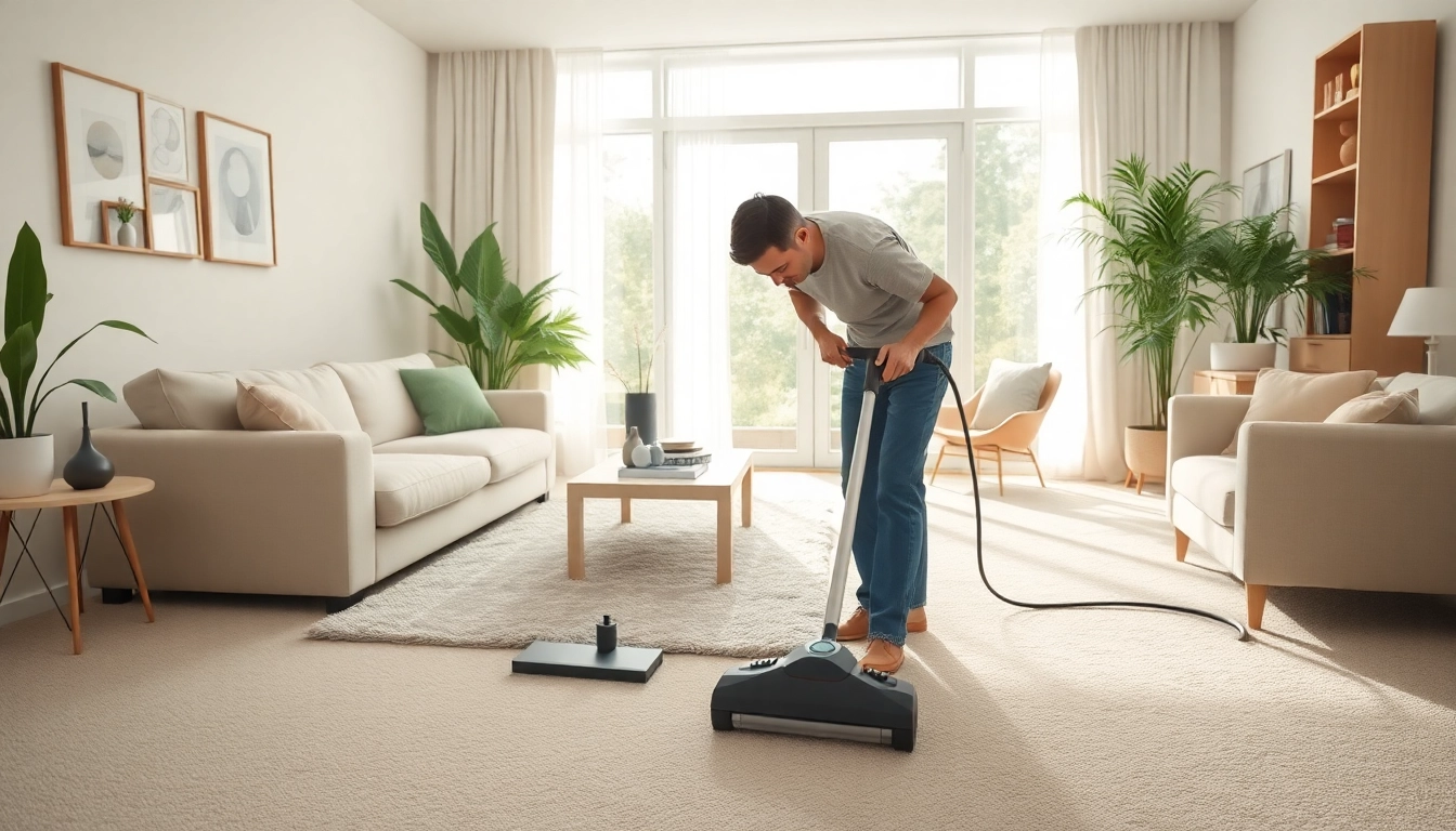 Carpet cleaner Philadelphia using advanced equipment in a bright, clean living room setting.
