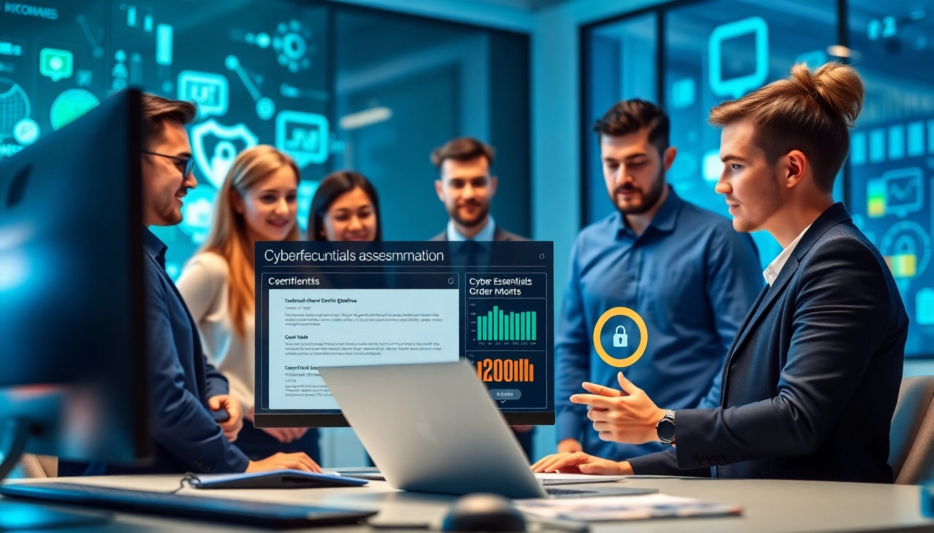 IT professionals analyzing Cyber Essentials certification data in a modern office.