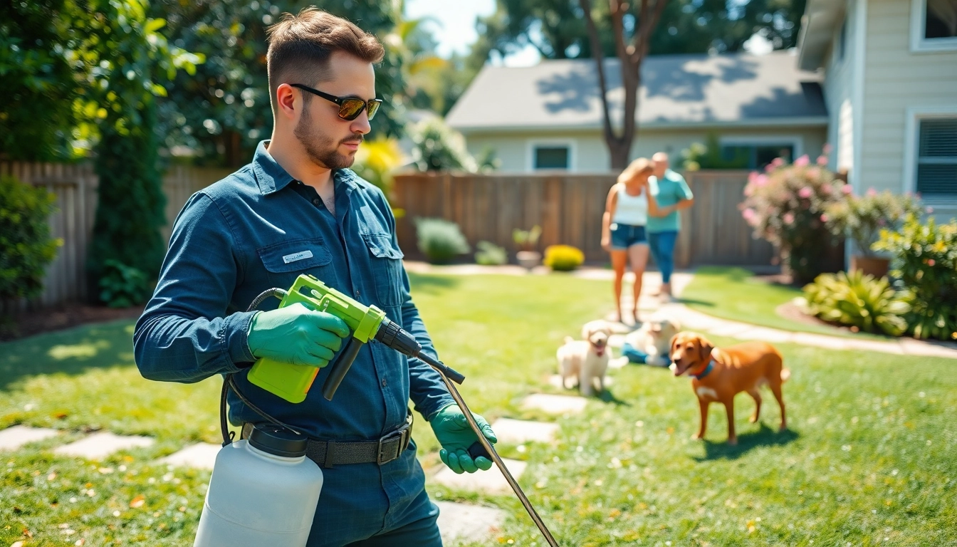 Engaged pest control technician treating a residential yard for pests safely and efficiently.