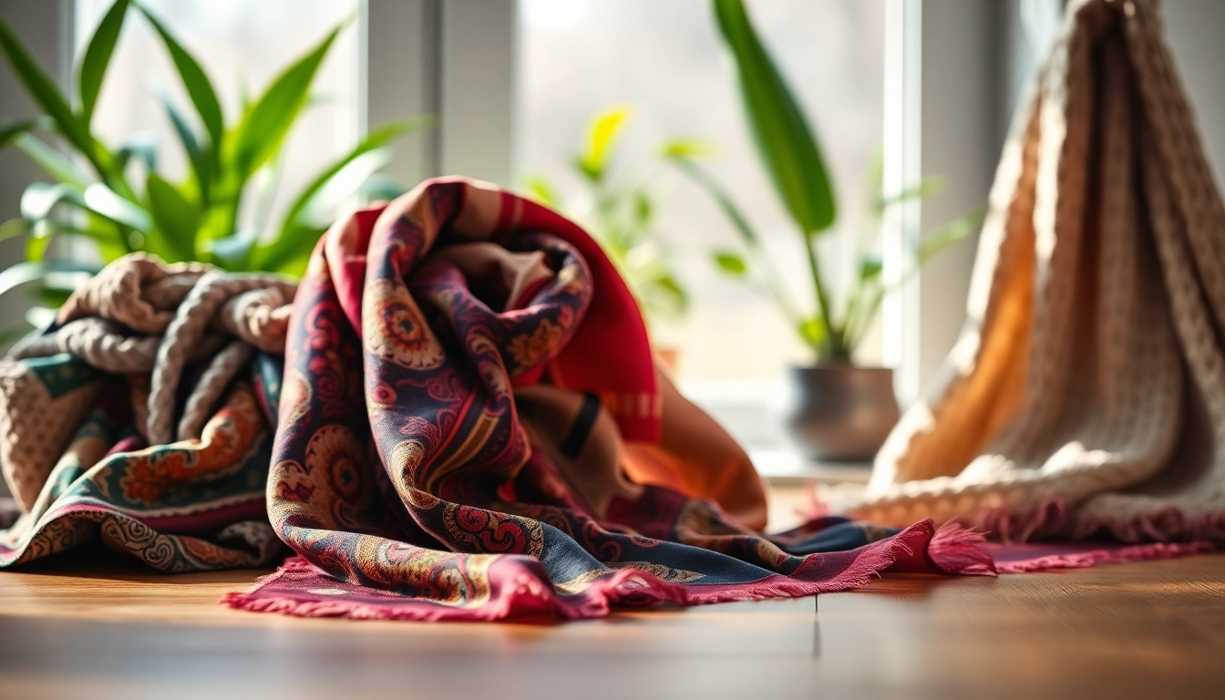 Showcasing vibrant scarves arranged artistically on a wooden table, highlighting diverse patterns and textures.