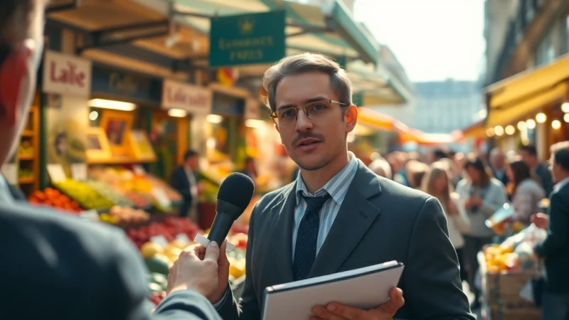 Actualiser les nouvelles françaises en France avec un journaliste dans un marché animé de Paris.