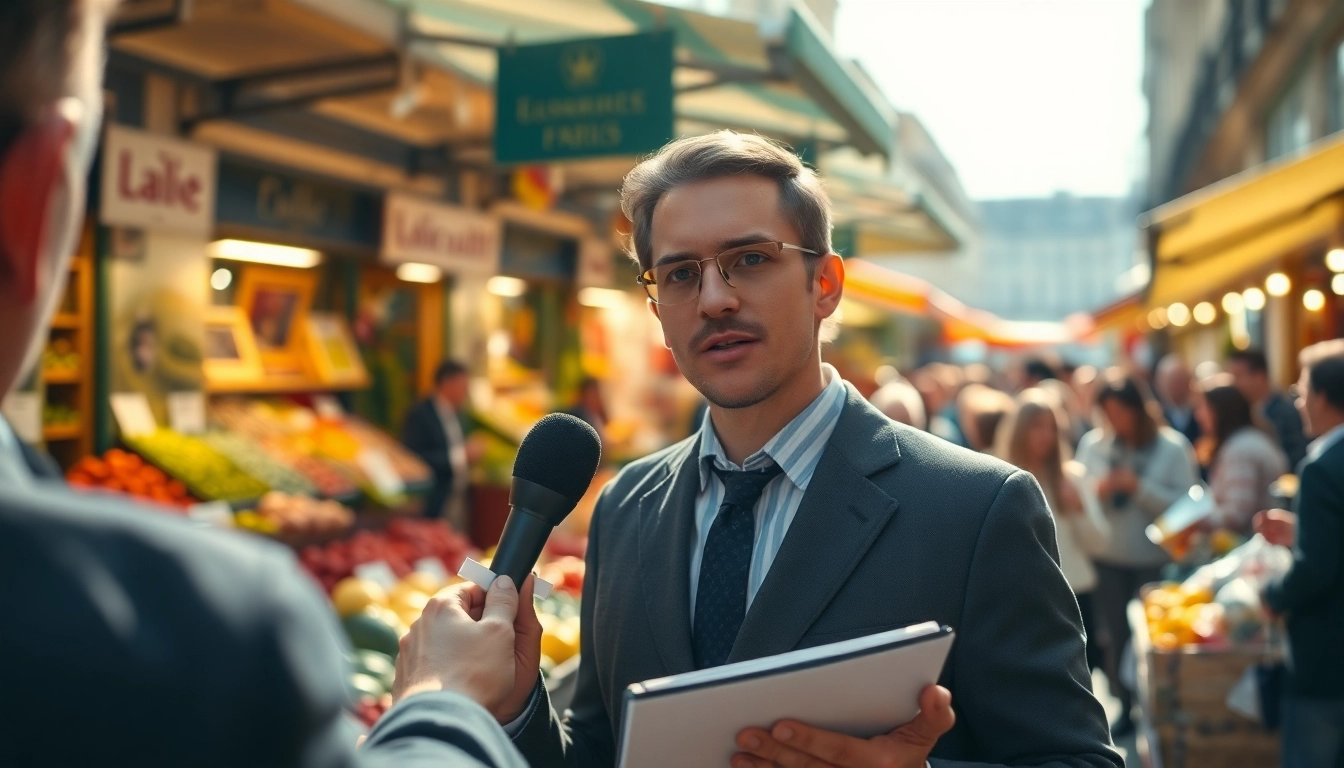Actualiser les nouvelles françaises en France avec un journaliste dans un marché animé de Paris.