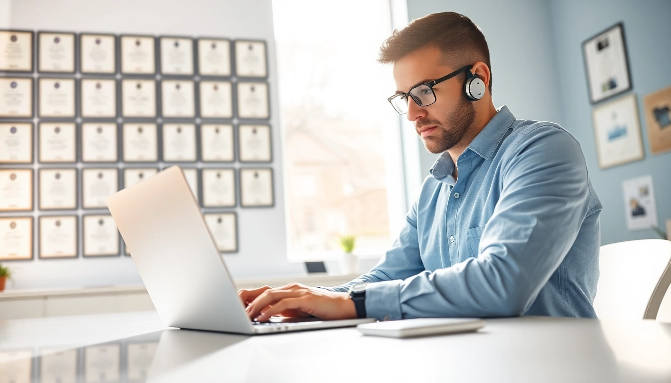 Technician engaged in computer support and services within a modern workspace.